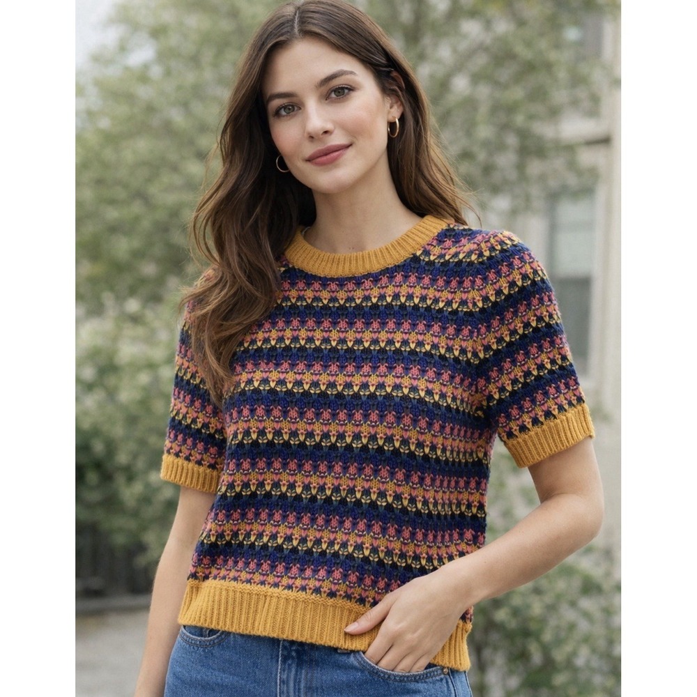 Short Sleeve Knit Sweater Vintage Eclectic Medium Artsy Boho Colorful Cozy Chic